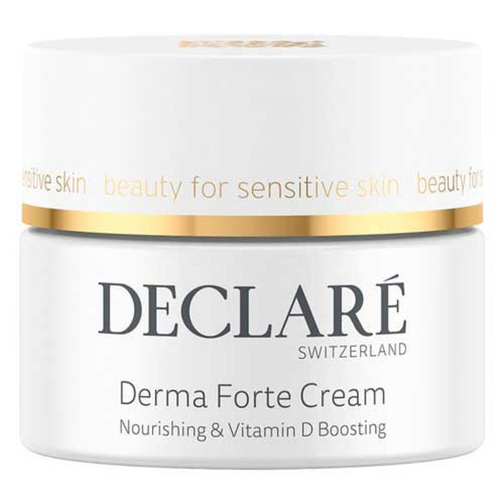 Weißer Tiegel mit goldfarbenem Deckel. Beschriftung: DECLARÉ SWITZERLAND, Derma Forte Cream, Nourishing & Vitamin D Boosting.