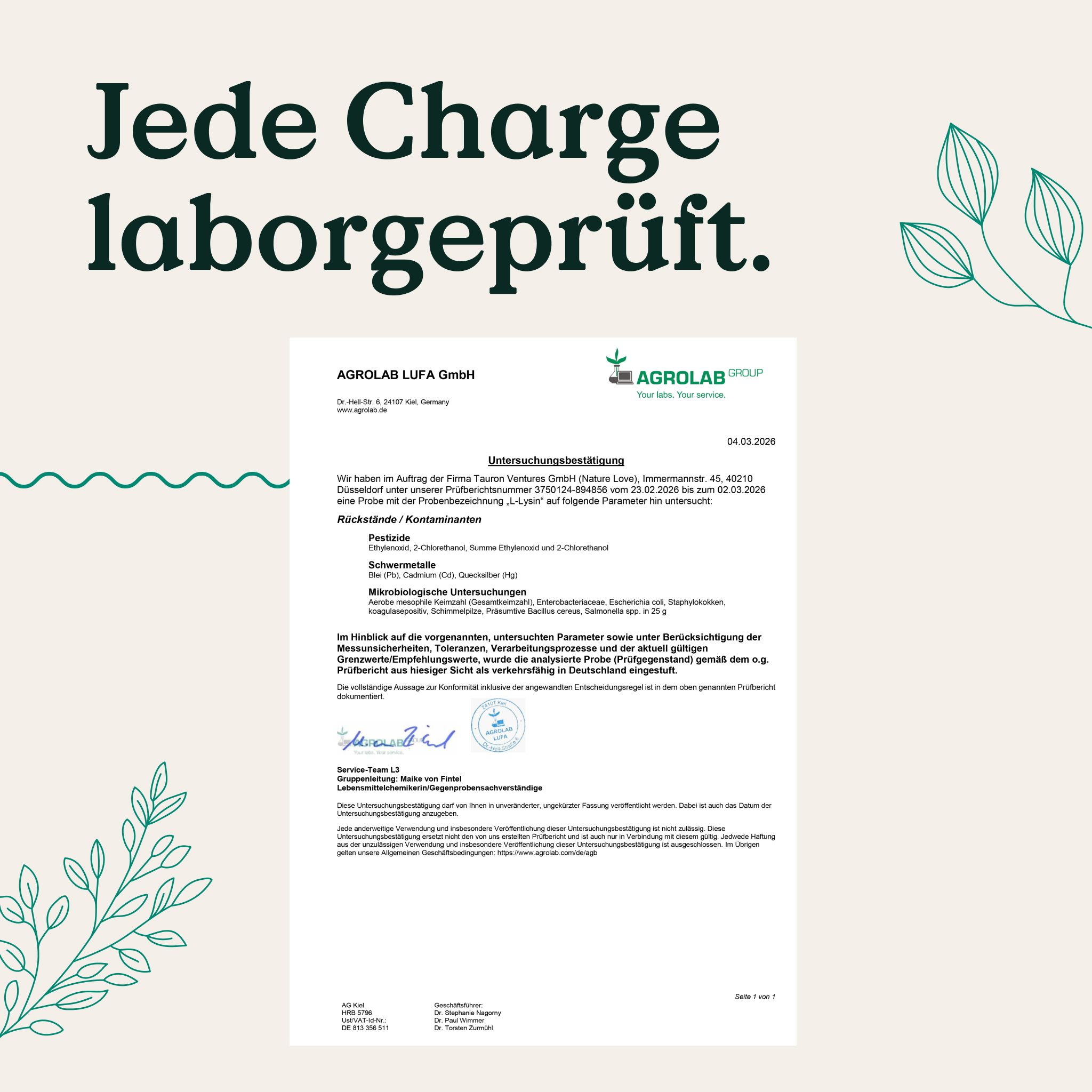 Laborbericht für L-Lysin. Bestätigt: Jede Charge ist laborgeprüft. Siegel: Agrolab.