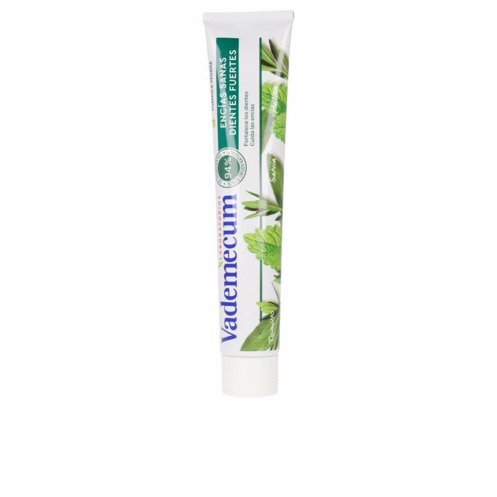 Zahnpasta-Tube mit grünem Design und Schriftzug. Aufschrift: Encías sanas, Dientes fuertes. Marke: Vademecum.