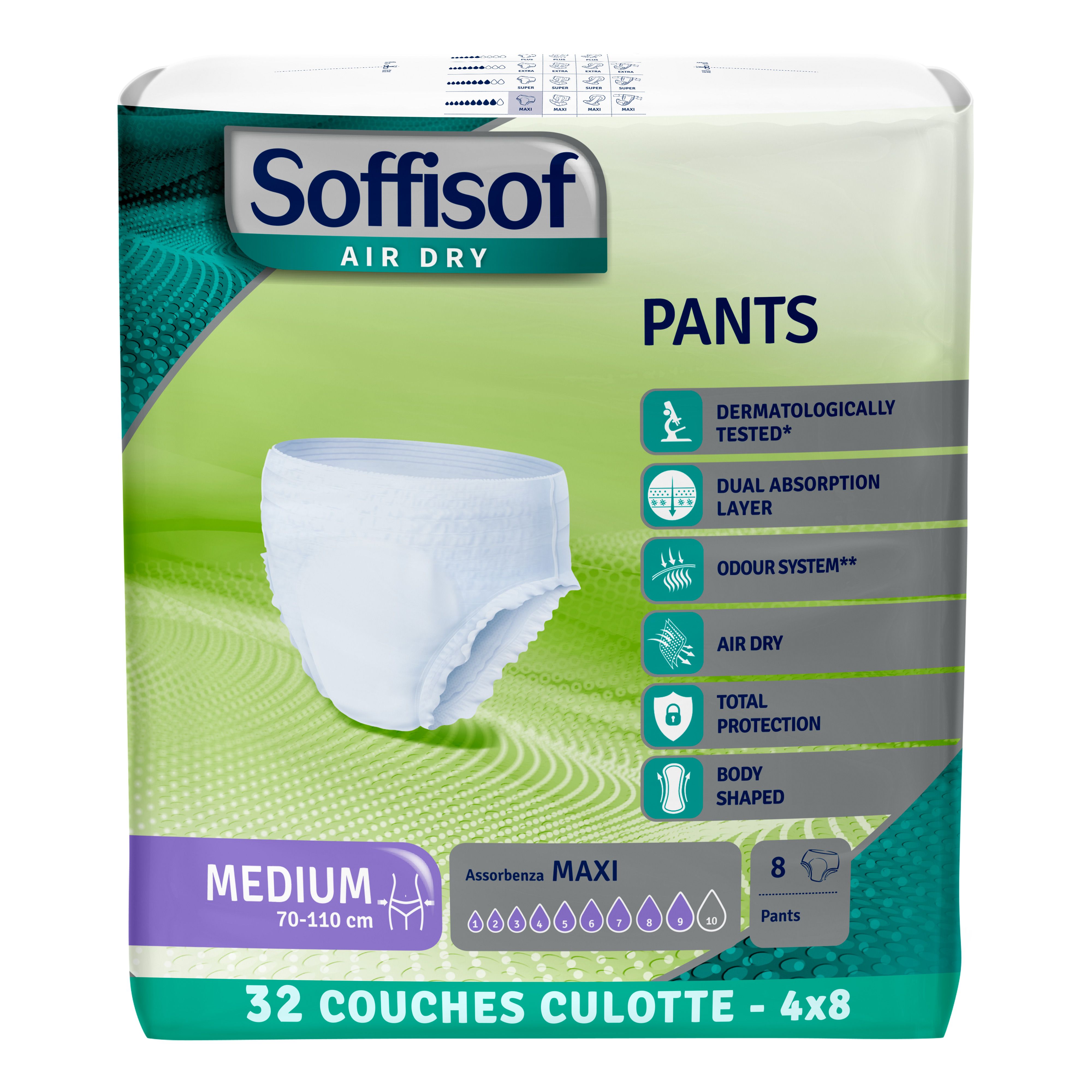 Soffisof Pants Maxi. Culottes absorbantes blanches. Emballage avec informations produit. Taille Medium.