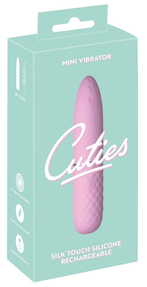 Verpackung für Mini-Vibrator. Produktabbildung, Markenname Cuties, Text: Silk Touch Silicone, Rechargeable.
