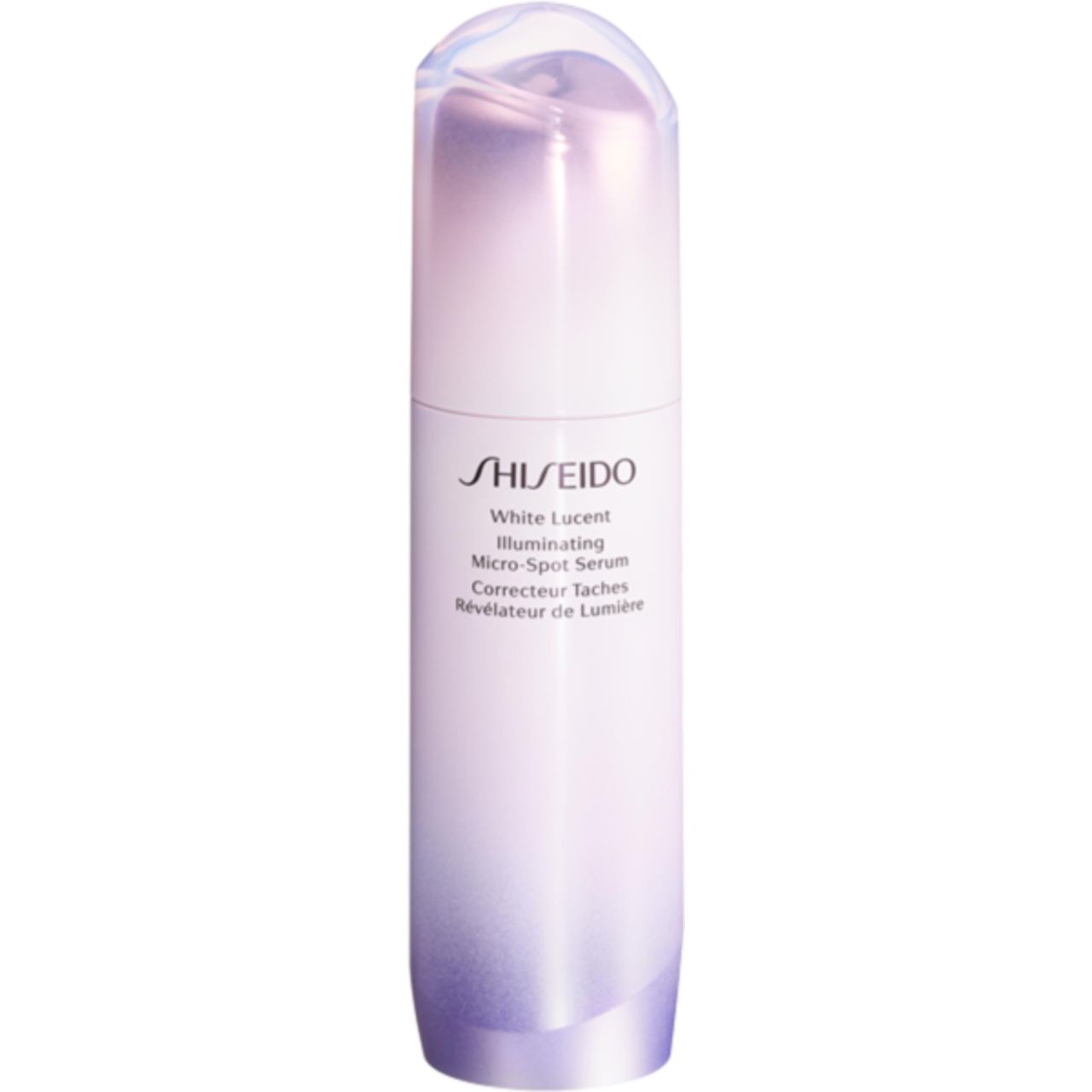 Shiseido White Lucent Serum. Weiße Flasche mit Sprühkopf. Produktname und Logo aufgedruckt.
