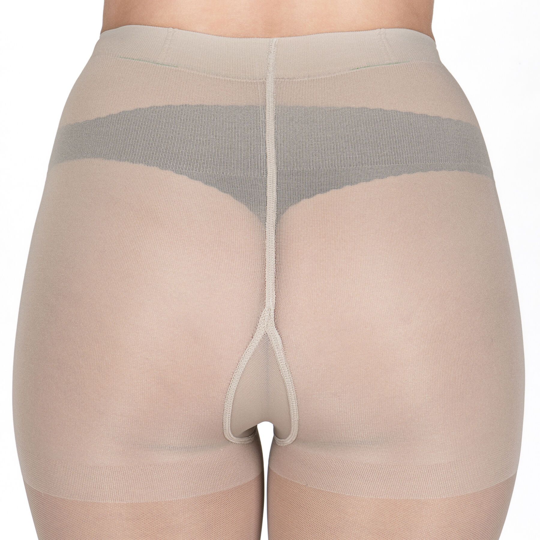 Hautfarbene Strumpfhose, Rückansicht. Naht in der Mitte. Öffnung im Schritt.