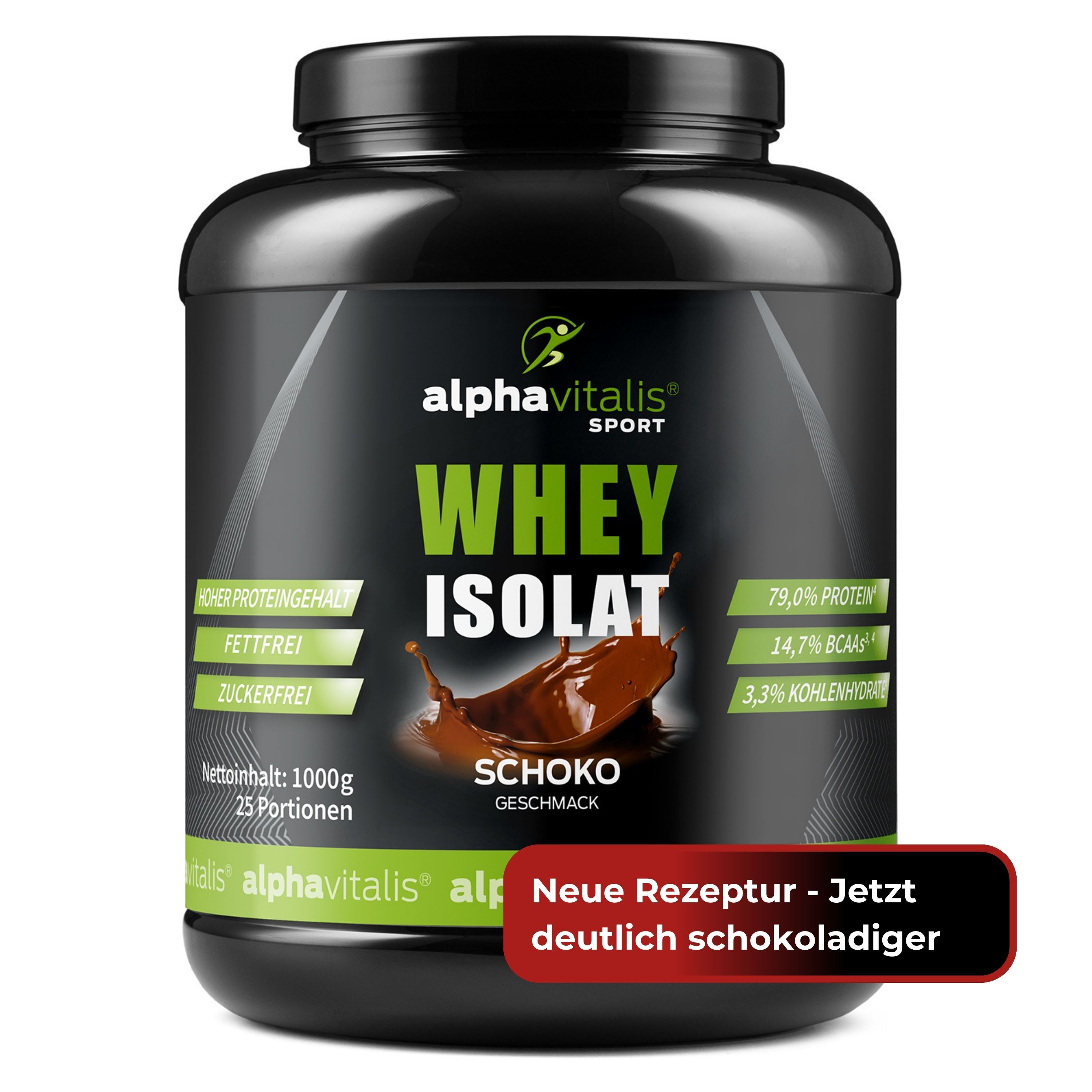 Schwarze Dose Alphavitalis Sport Whey Isolat Schoko. Aufschrift: Whey Isolat, Schoko, 79,0% Protein, 14,7% BCAAs, 3,3% Kohlenhydrate. Neue Rezeptur.