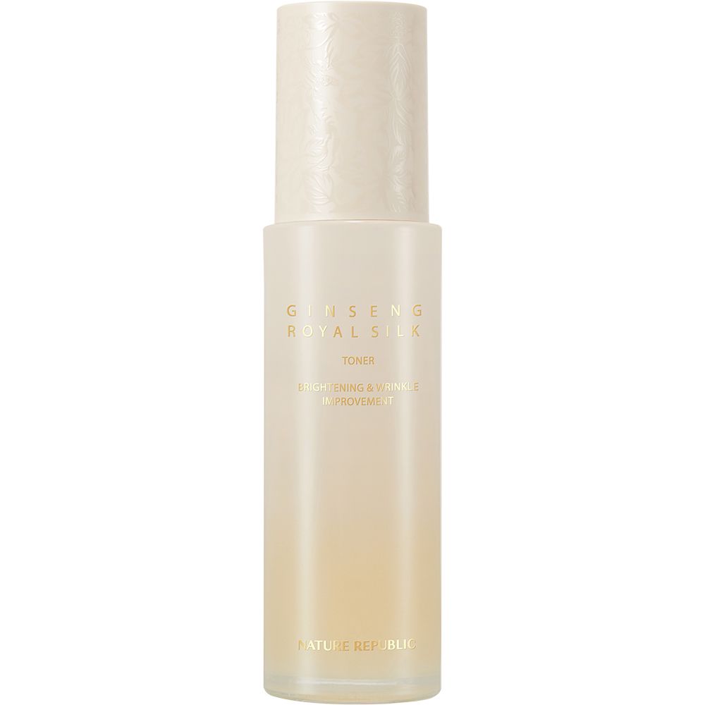 Beige Flasche mit goldfarbenem Aufdruck. Beschriftung: Ginseng Royal Silk Toner. Marke: NATURE REPUBLIC.