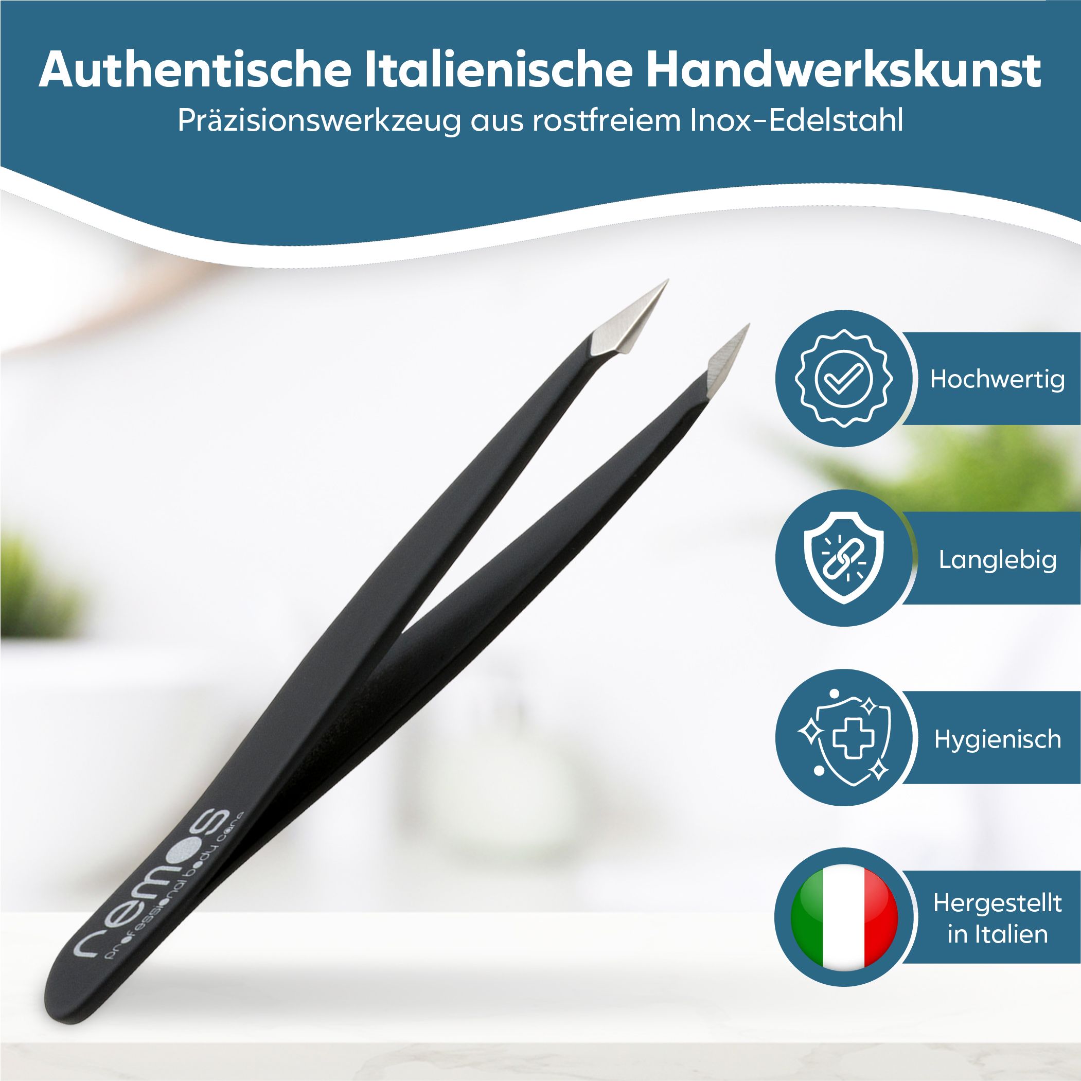 Schwarze Präzisionspinzette aus rostfreiem Edelstahl, hergestellt in Italien. Langlebig und hygienisch.