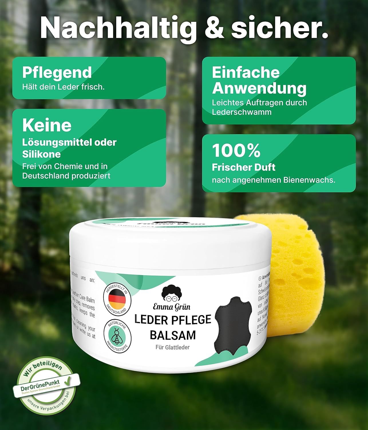 Produkt mit Schwamm. Text: "Nachhaltig & sicher". Symbole: Pflege, keine Silikone, 100% frischer Duft.