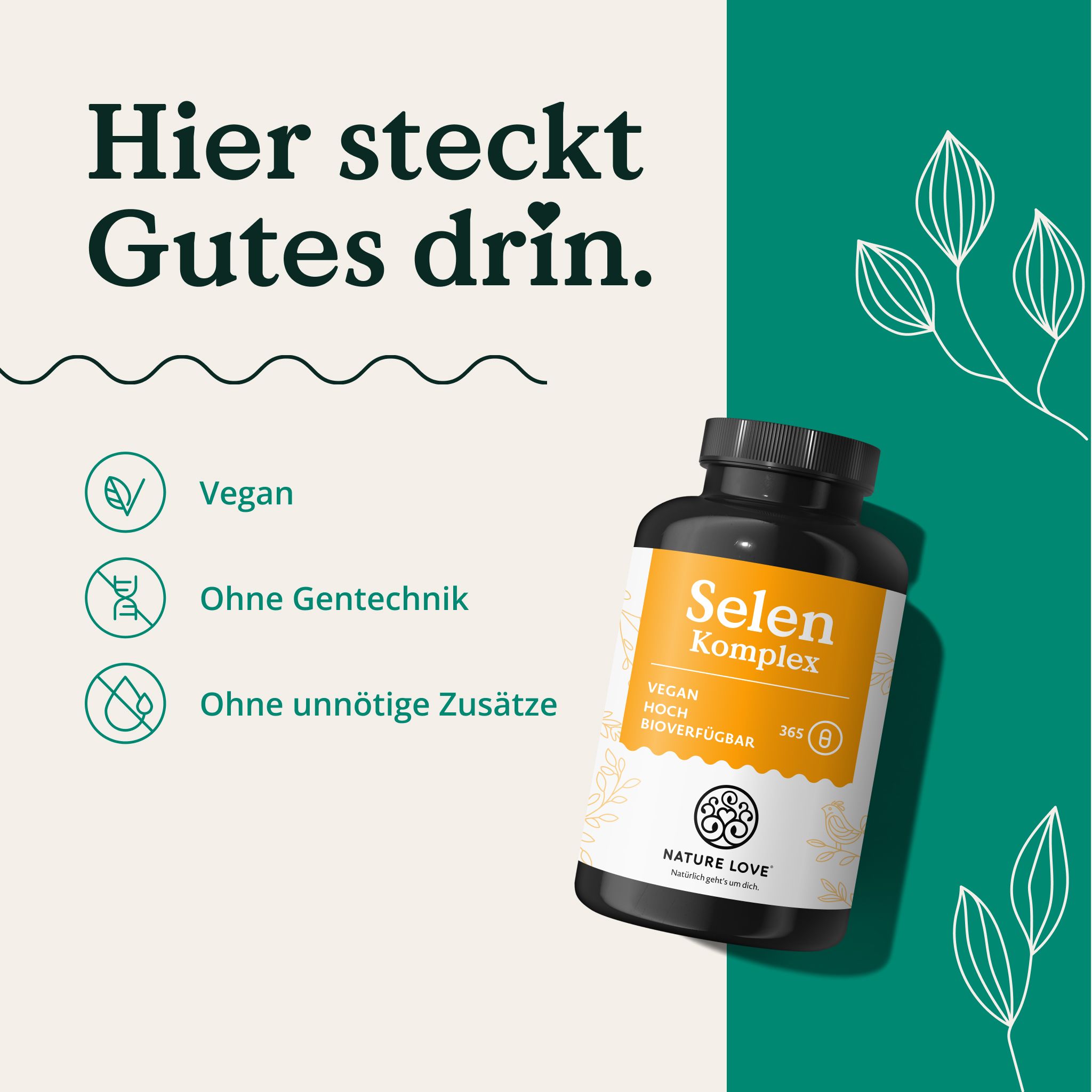 Flasche Selen Komplex, Text: Hier steckt Gutes drin. Vegan, ohne Gentechnik.