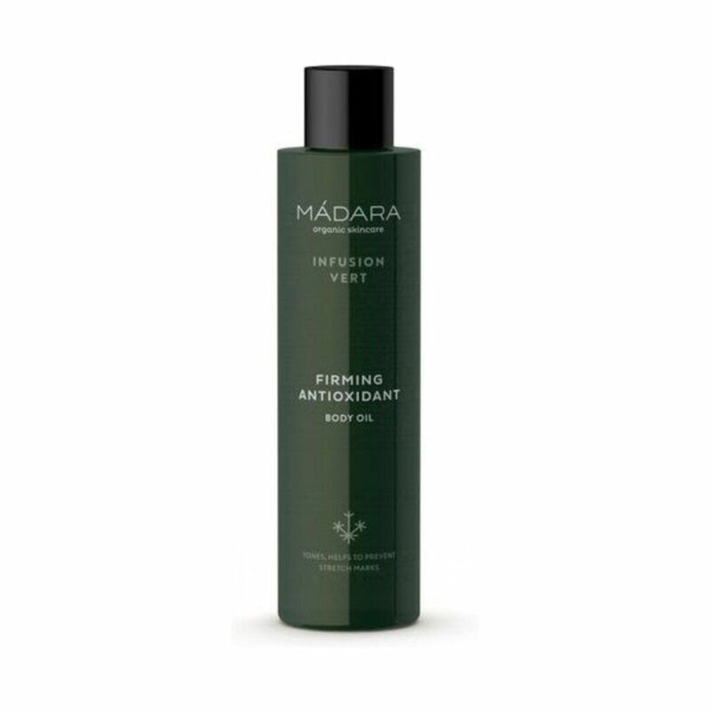 Grüne Flasche mit schwarzem Deckel. Aufschrift: MÁDARA, Infusion Vert, Firming Antioxidant Body Oil.