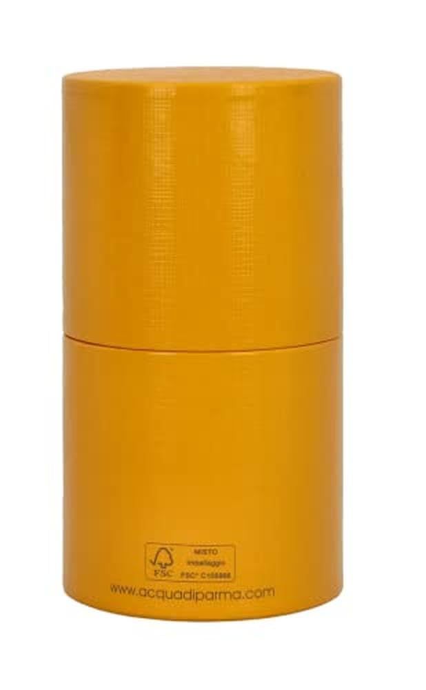 Zylindrische, orangefarbene Verpackung mit FSC-Logo und Text.