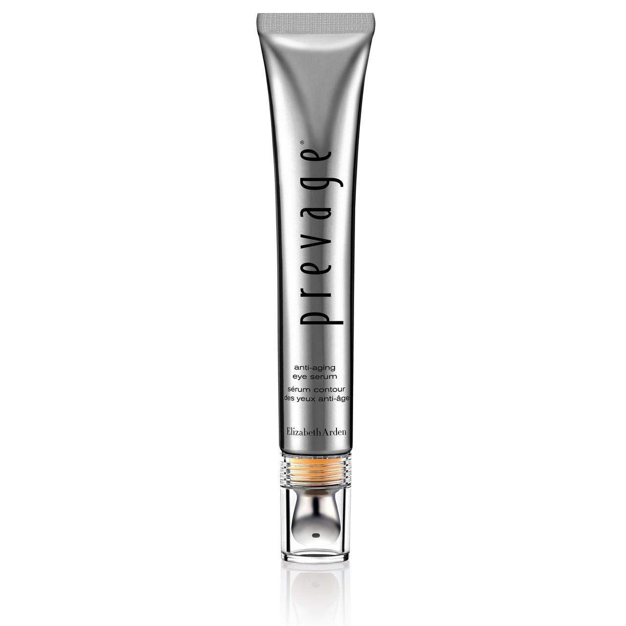 Silberfarbene Tube mit "Prevage"-Schriftzug. Text: Anti-Aging Eye Serum. Unterhalb: Elizabeth Arden. Mit Applikator.