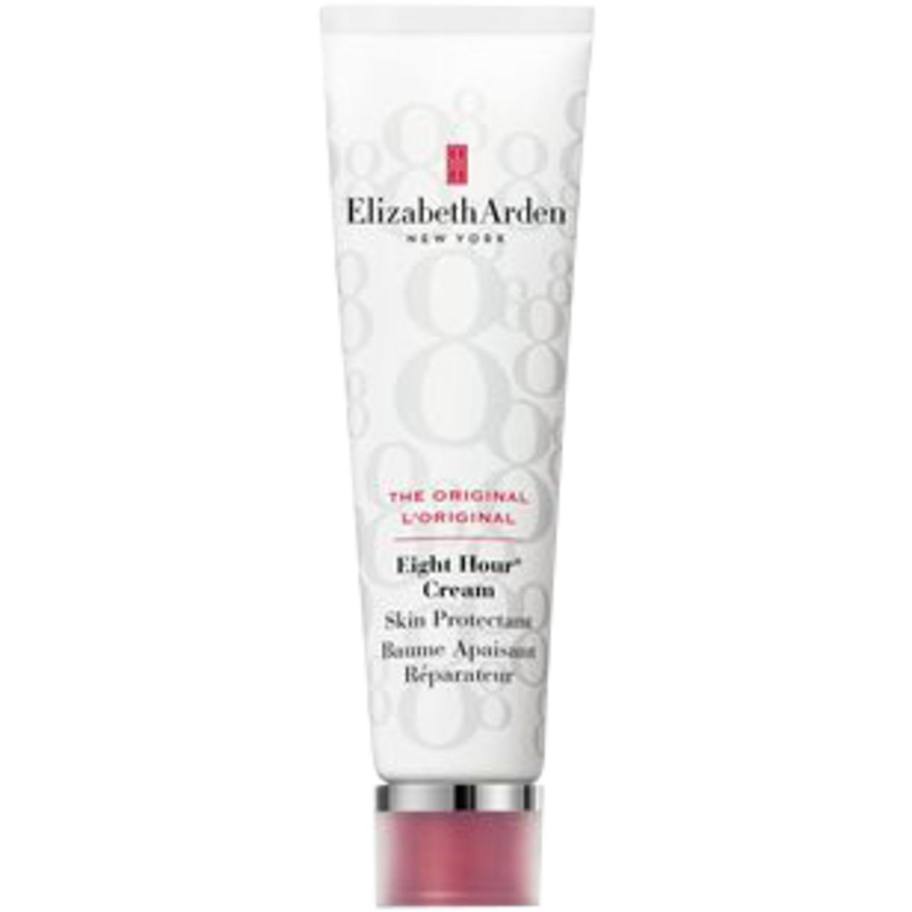 Tube mit Produktnamen und Logo. Text: Eight Hour Cream Skin Protectant. Weiße Tube mit rotem Verschluss.
