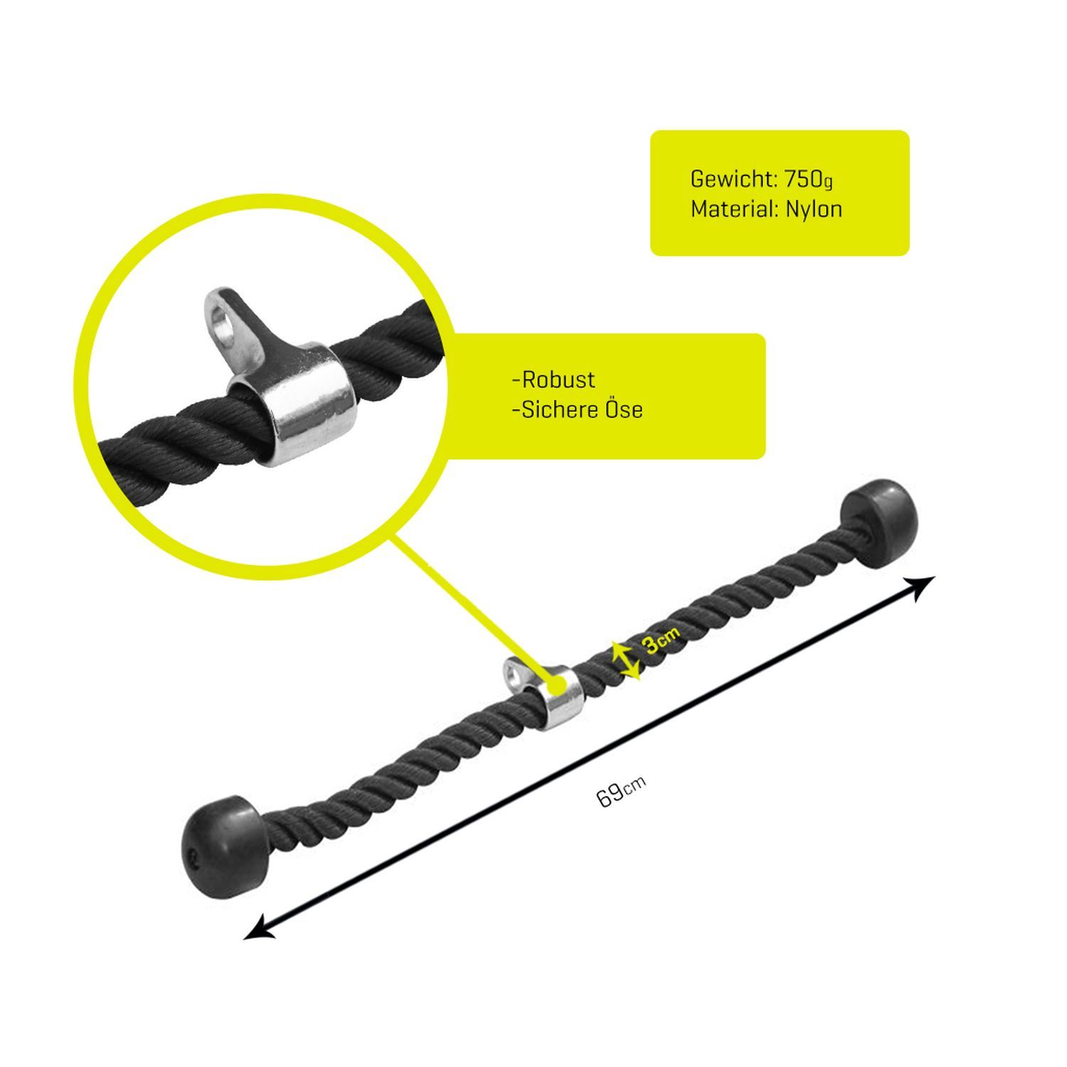 Trizeps Seil, schwarz, mit Metallöse und Endkappen. Text: Gewicht 750g, Material: Nylon. Maße: 69cm.