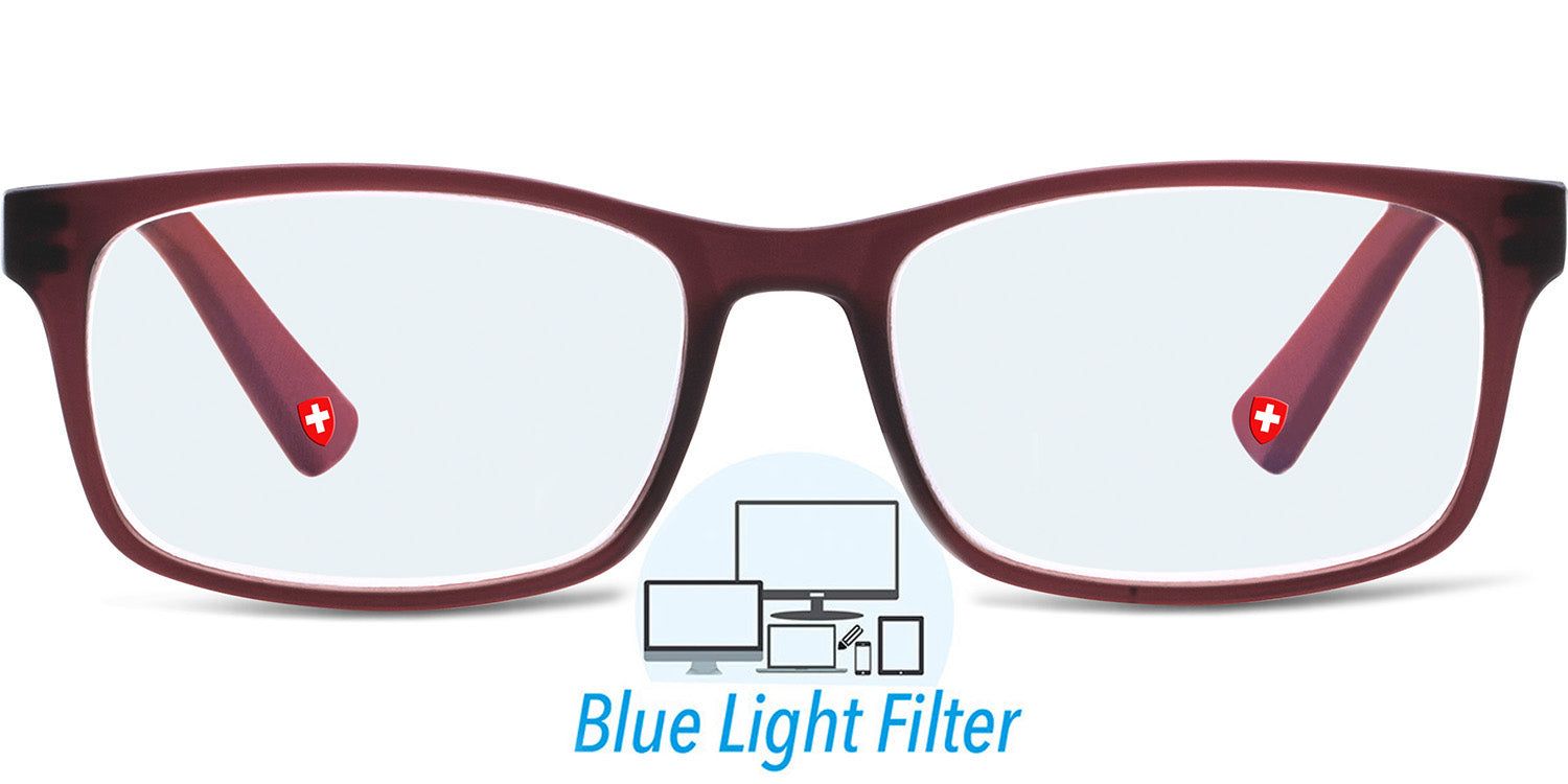 Brille mit rechteckigen Gläsern, bordeauxfarbenem Rahmen und Schweizer Kreuz. Text: Blaulichtfilter. Geräte-Icons.