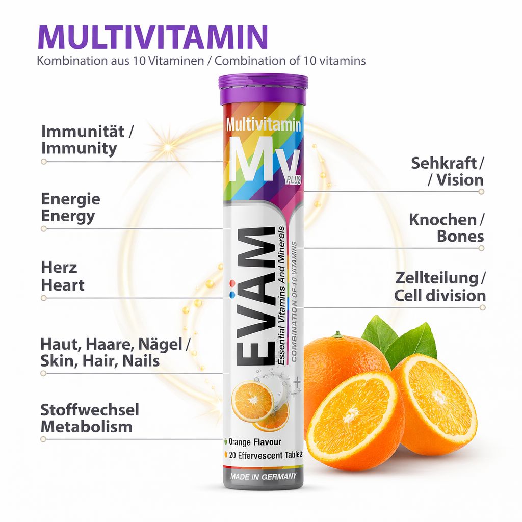 EVÄM Multivitamin-Brausetabletten-Tube mit Orangen und Diagramm. Zeigt 10 Vitamine und Mineralien.