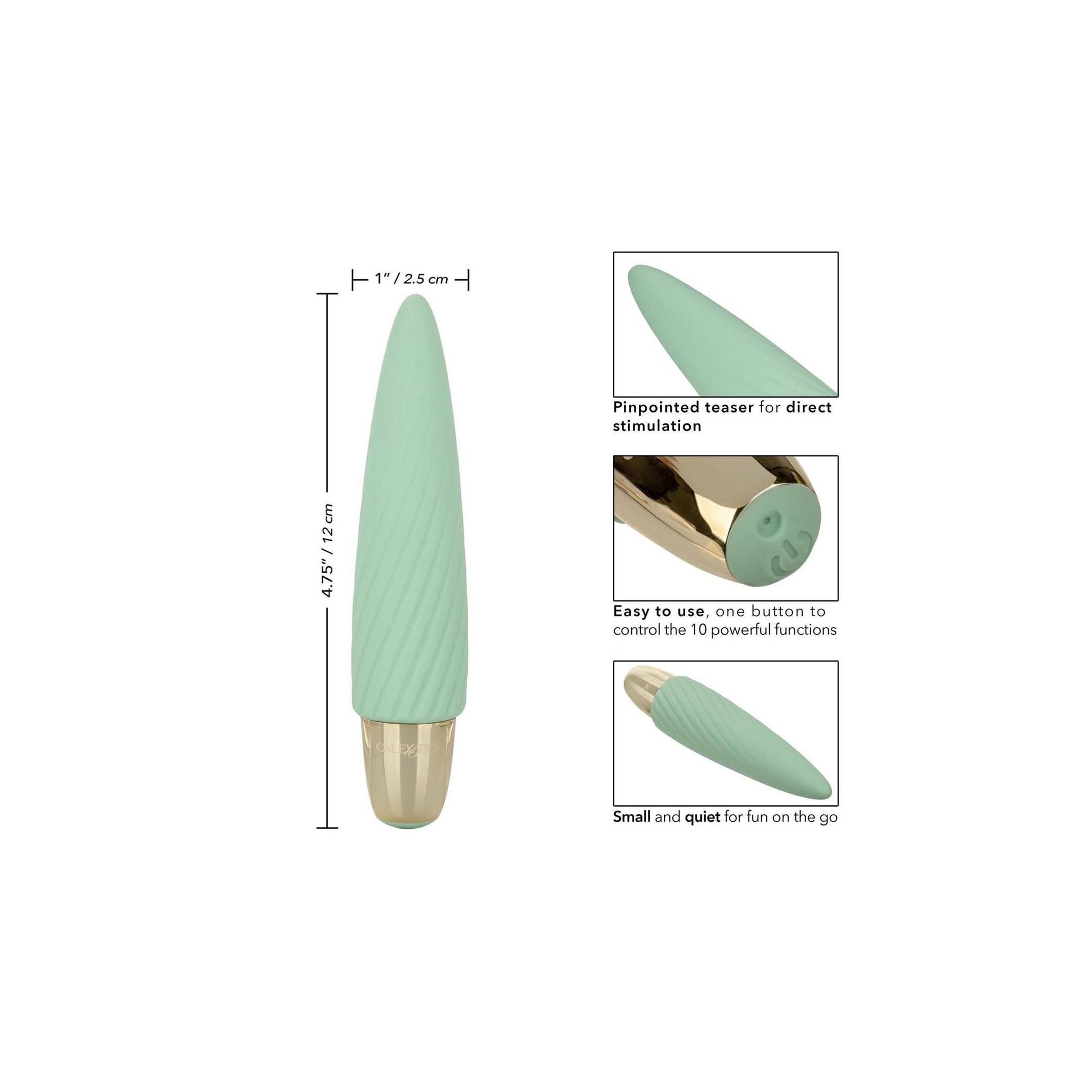 Minzfarbener Vibrator mit goldfarbenem Sockel. Maße: 4,75" x 1". Abbildungen: Spitze, Knopf, klein und leise.