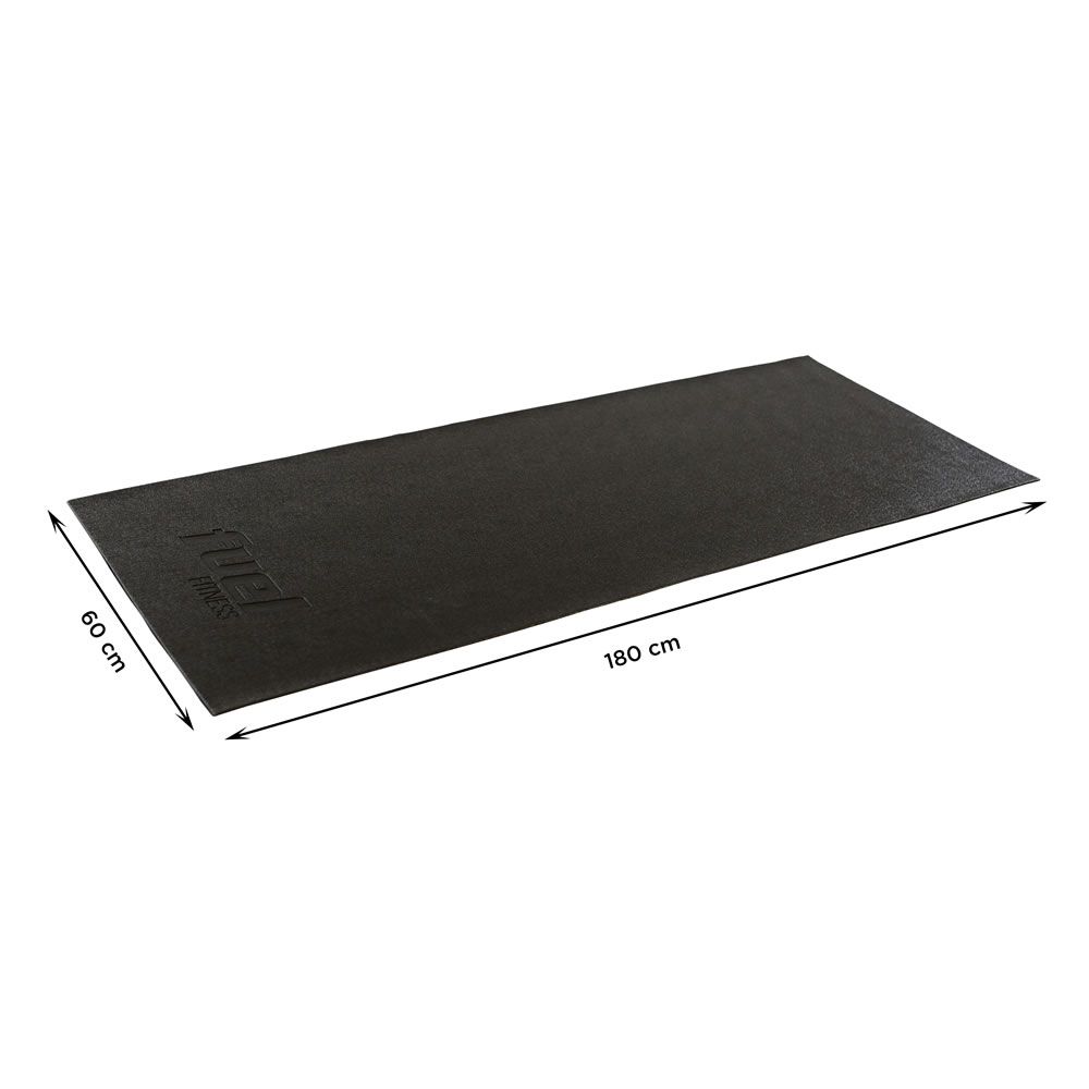 Schwarze Bodenschutzmatte mit den Maßen 180 cm x 60 cm. Das FUEL-Logo ist sichtbar. Die Matte liegt flach auf einer weißen Oberfläche.