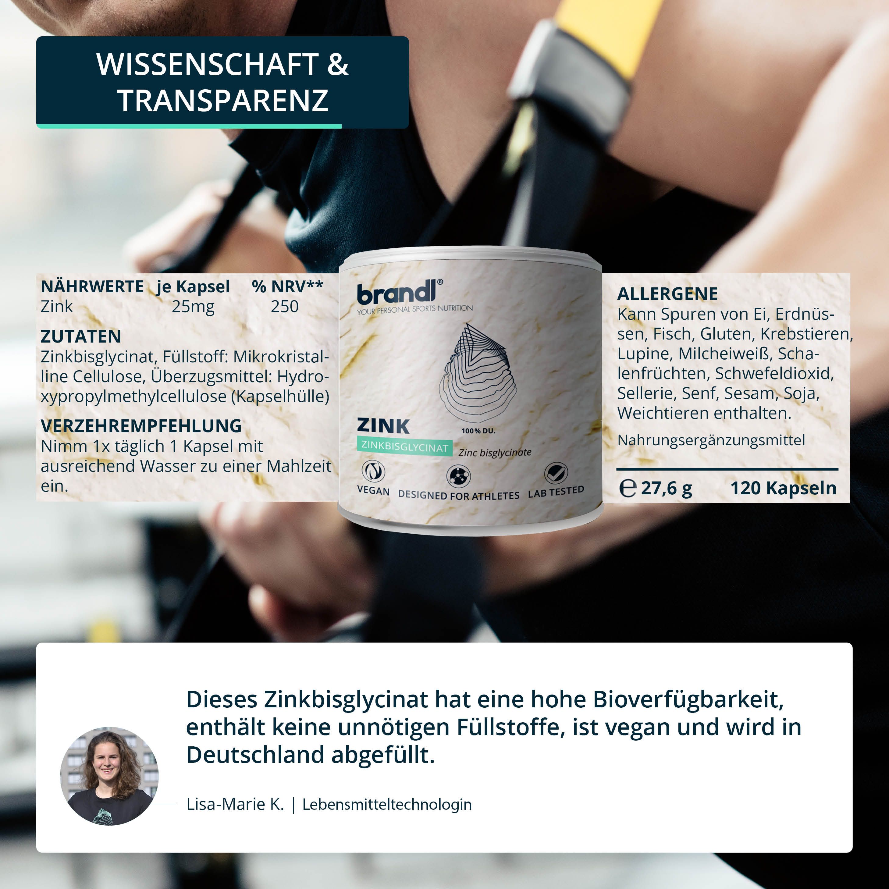 Produktabbildung: brandl® Zink-Dose, Zutatenliste, Nährwerte, Allergene. Text: 25mg Zink, 120 Kapseln, vegan, für Sportler.