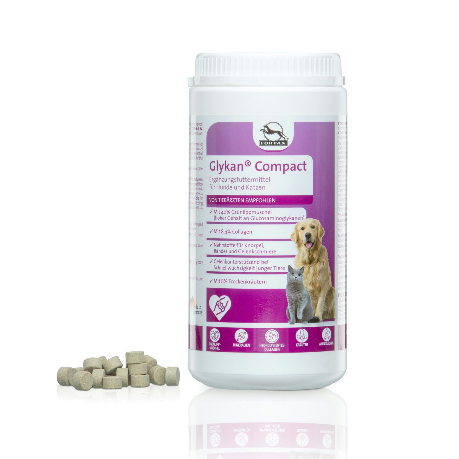 Weißes Behältnis mit lila Etikett. Tabletten daneben. Text: Glykan Compact, Grünlippmuschel-Extraxt für Hunde & Katzen. Hund und Katze.
