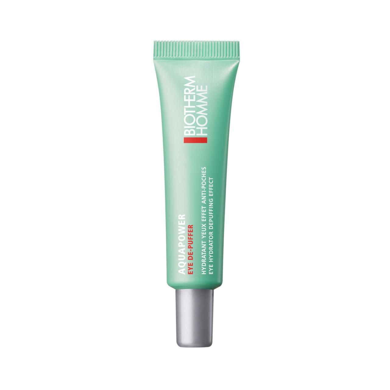 Türkisfarbene Tube mit silbernem Verschluss. Aufschrift: BIOTHERM HOMME, AQUAPOWER FRESH EYES. Text: Hydratant glacial yeux.