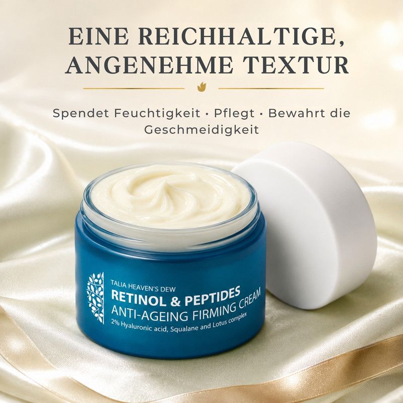 Blauer Tiegel mit Talia Heaven's Dew Retinol & Peptides Anti-Ageing Firming Cream. 50 ml.