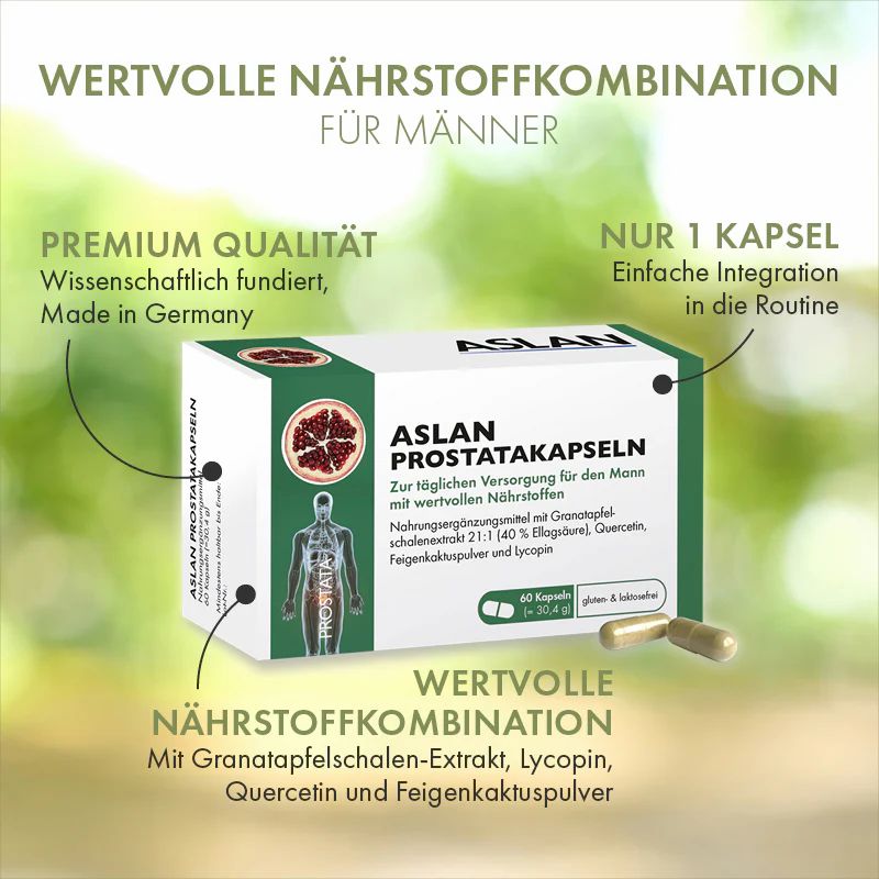 ASLAN Prostata-Kapseln Packung, Premium Qualität, Made in Germany, 60 Kapseln, 30,4 g.