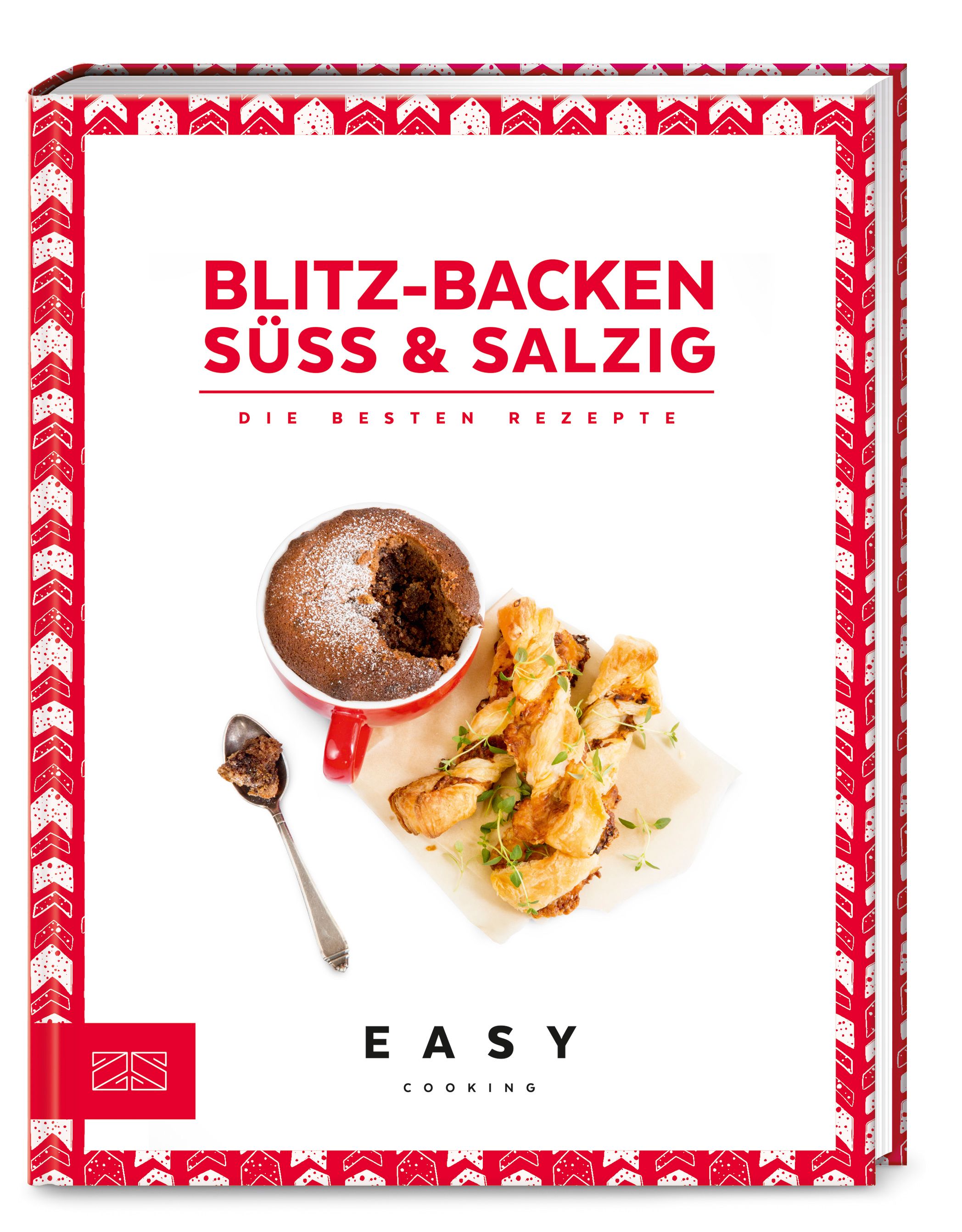 Kochbuch mit dem Titel "Blitz-Backen süß & salzig". Auf dem Cover sind Kuchen, Gebäck und eine Tasse abgebildet. Roter Rahmen.
