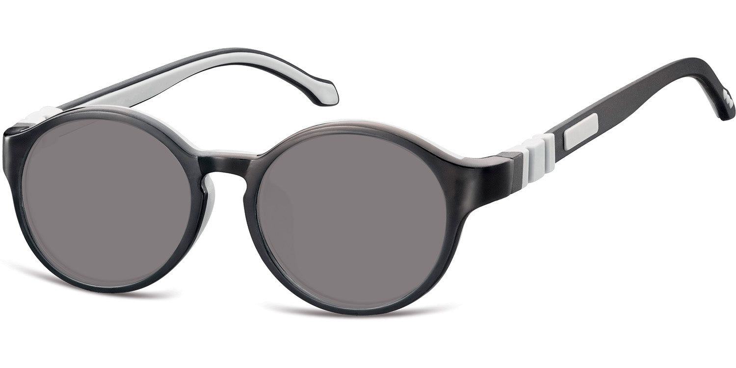 Runde Sonnenbrille mit grau getönten Gläsern und schwarzem Rahmen. Weiße Akzente an Bügeln und Scharnieren.