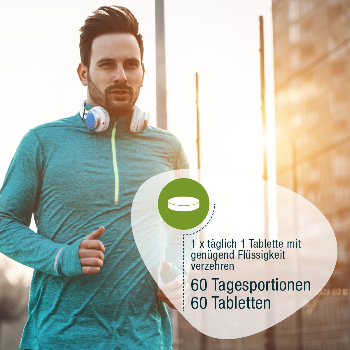 Mann beim Joggen. Text: 1 x täglich 1 Tablette mit genügend Flüssigkeit verzehren. 60 Tagesportionen 60 Tabletten. Grüner Kreis.
