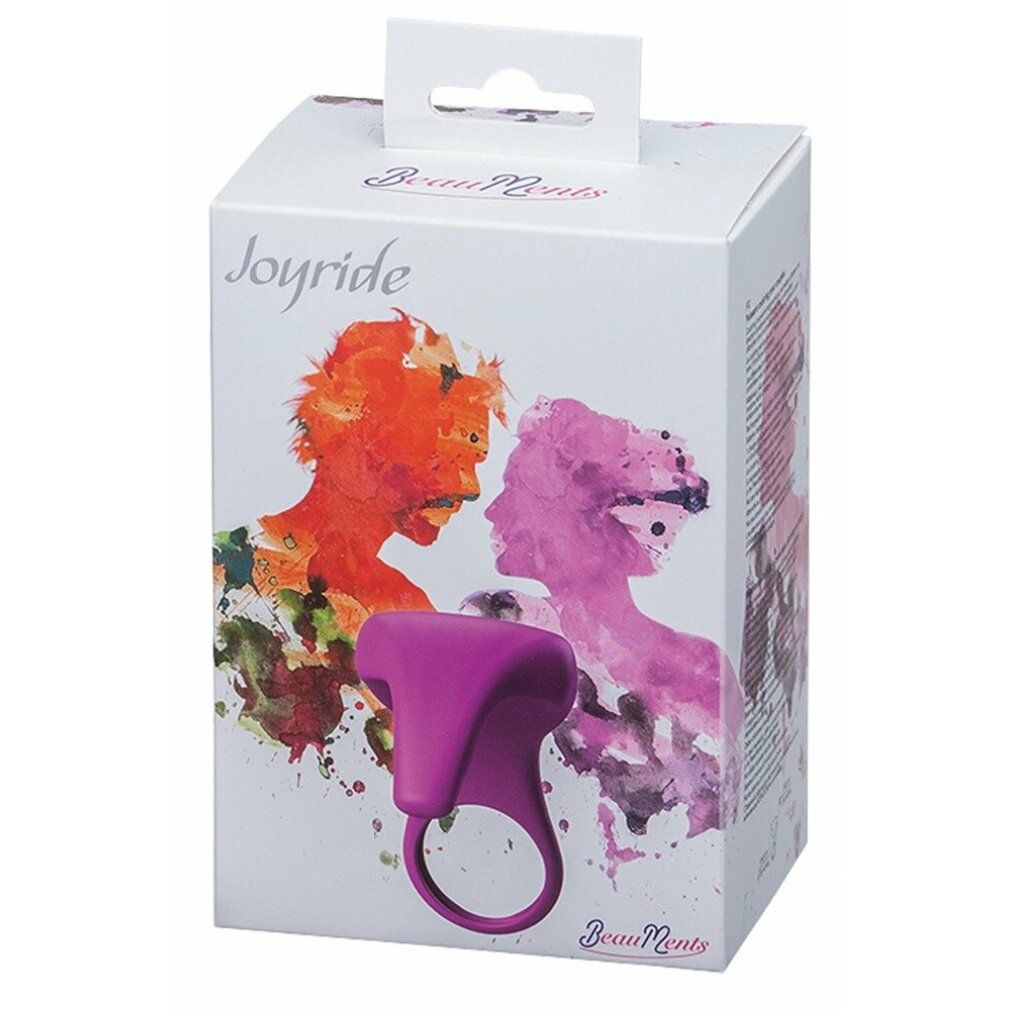 Lila Ring mit T-Form-Aufsatz. Verpackung mit Produktnamen Joyride und Logo BeauMents. Abbildung von zwei Personen.