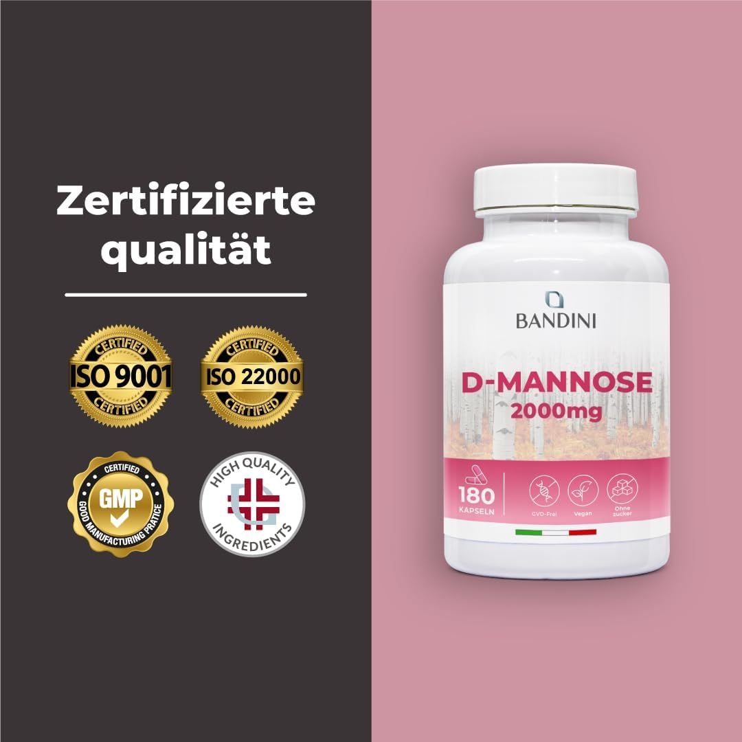 Bandini D-Mannose Kapseln Flasche mit 180 Kapseln. Zertifizierte Qualität. ISO 9001, ISO 22000, GMP, High Quality Ingredients.