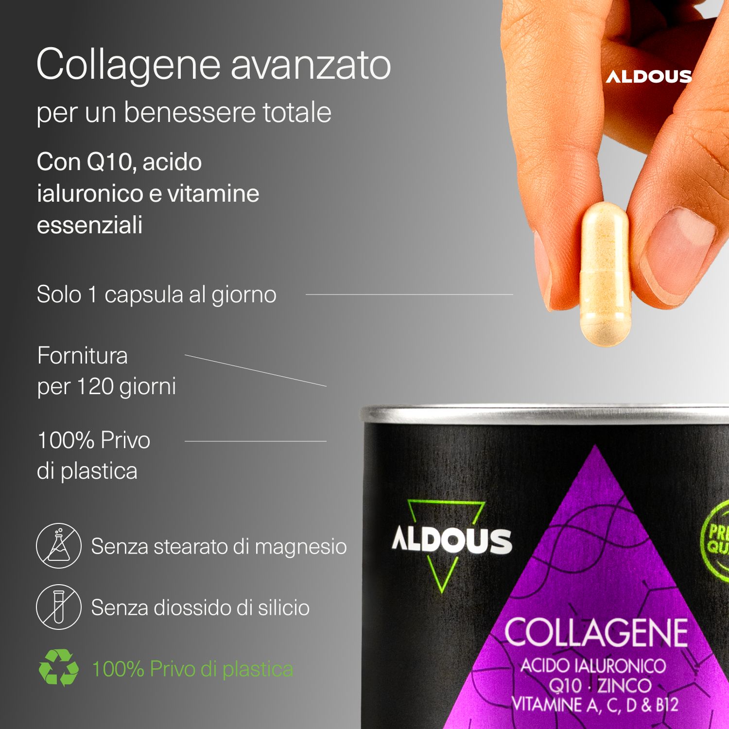 Hand hält Kapsel. Dose Aldous Collagene im Hintergrund. Enthält Kollagen, Hyaluronsäure, Zink und Vitamine.