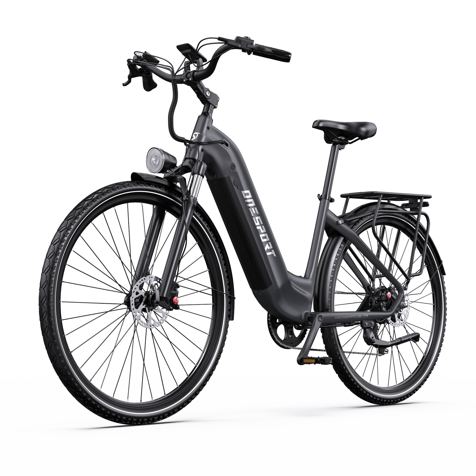 Schwarzes Onesport OT05Pro E-Bike. Sichtbar: Gepäckträger, Scheinwerfer, Schutzbleche, Scheibenbremsen. Aufschrift: ONESPORT.