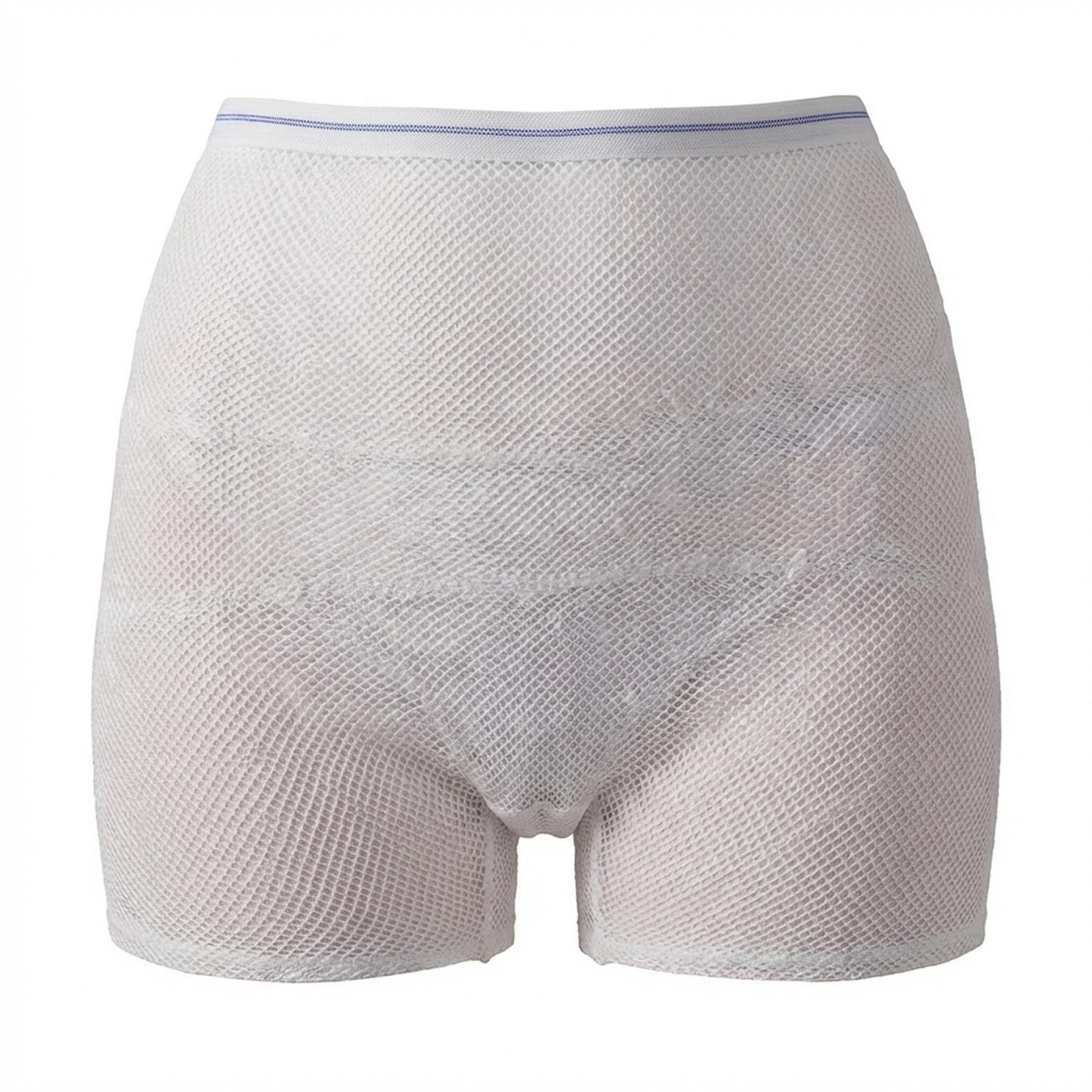 Weiße Netzhose, kurz geschnitten, mit blauem Bund. Nahaufnahme.