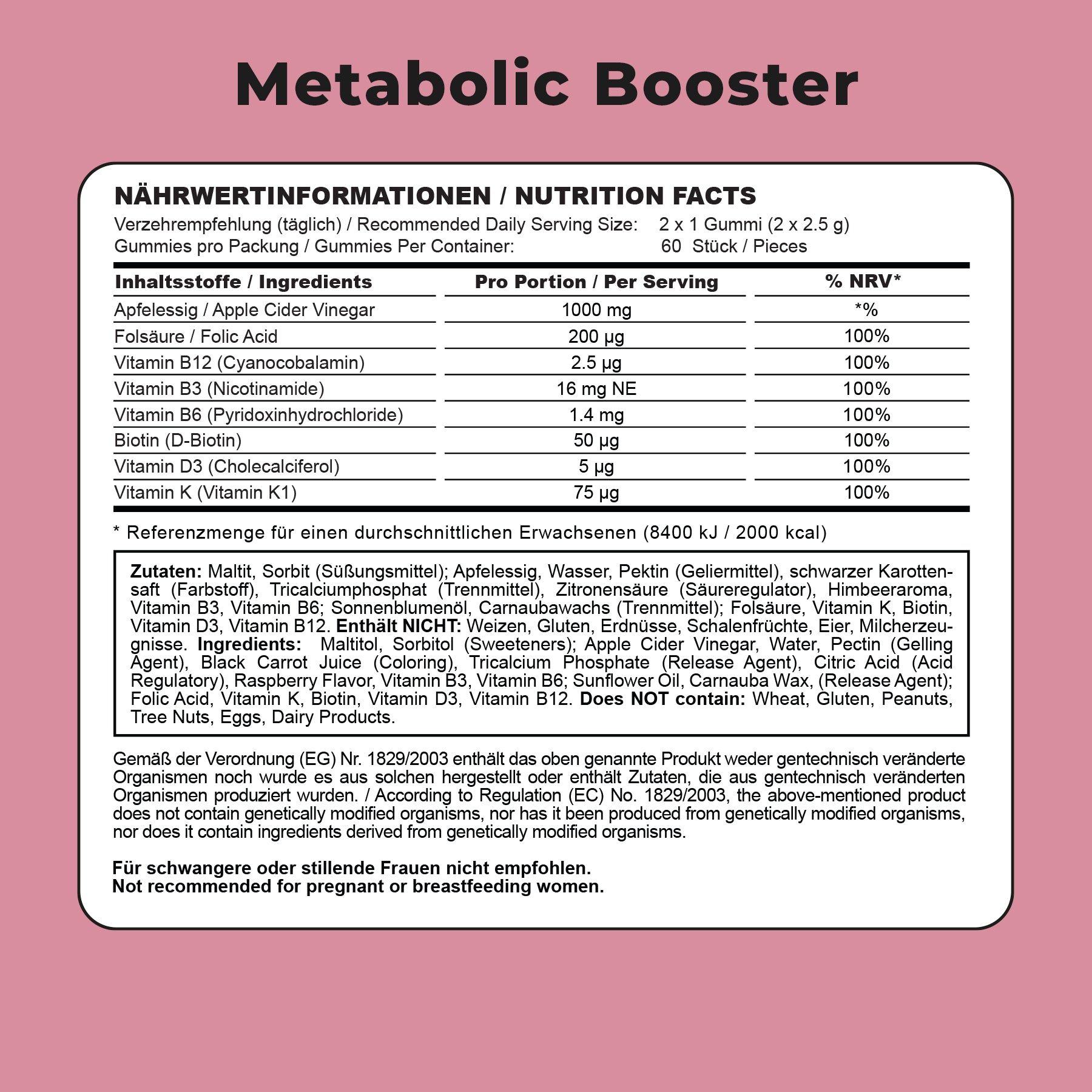 Nährwertangaben für Metabolic Booster Gummibärchen: 1000 mg Apfelessig pro Portion, 60 Stück.