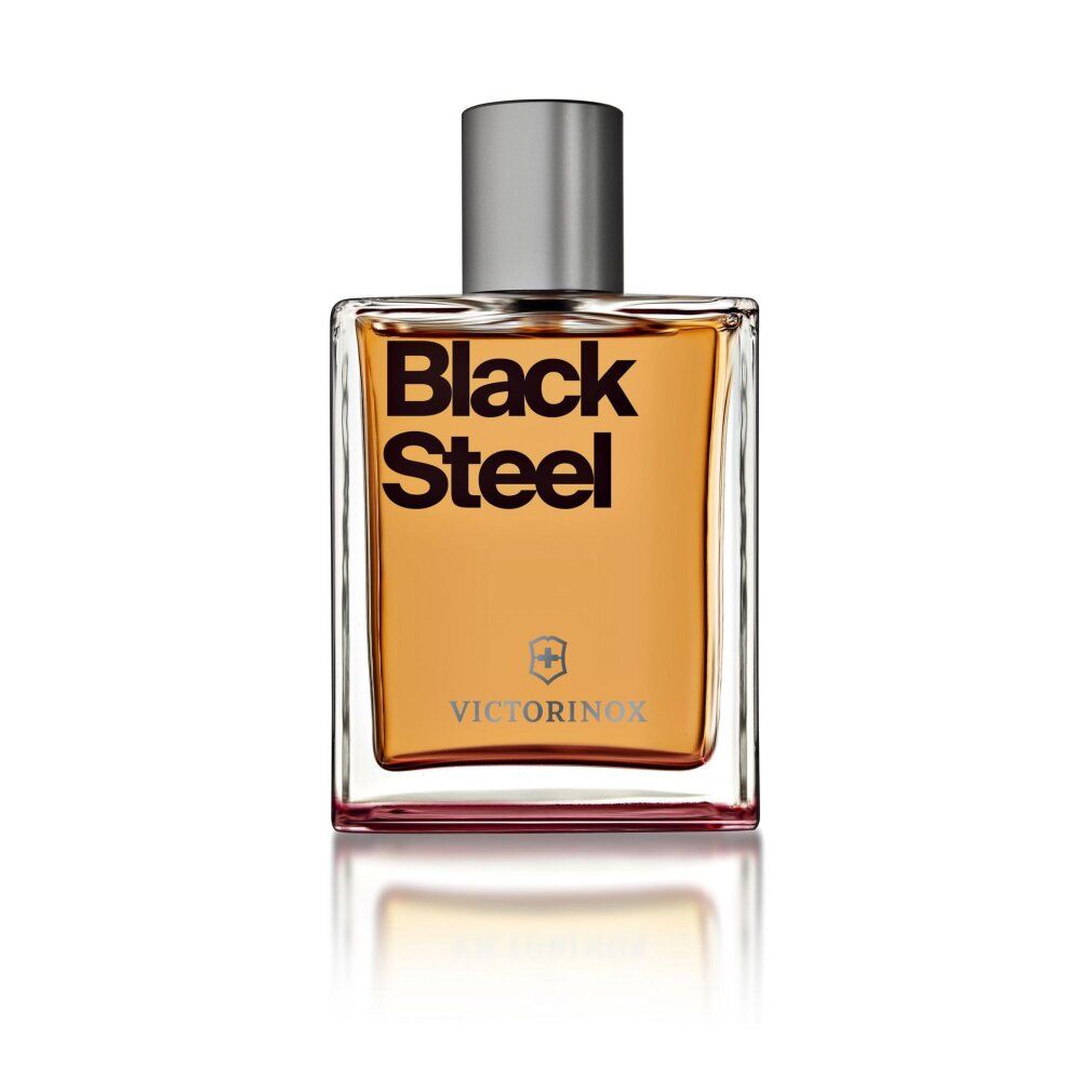Parfümflasche mit silbernem Deckel, gelber Flüssigkeit. Text: Black Steel, Logo und Victorinox. Quadratische Form.