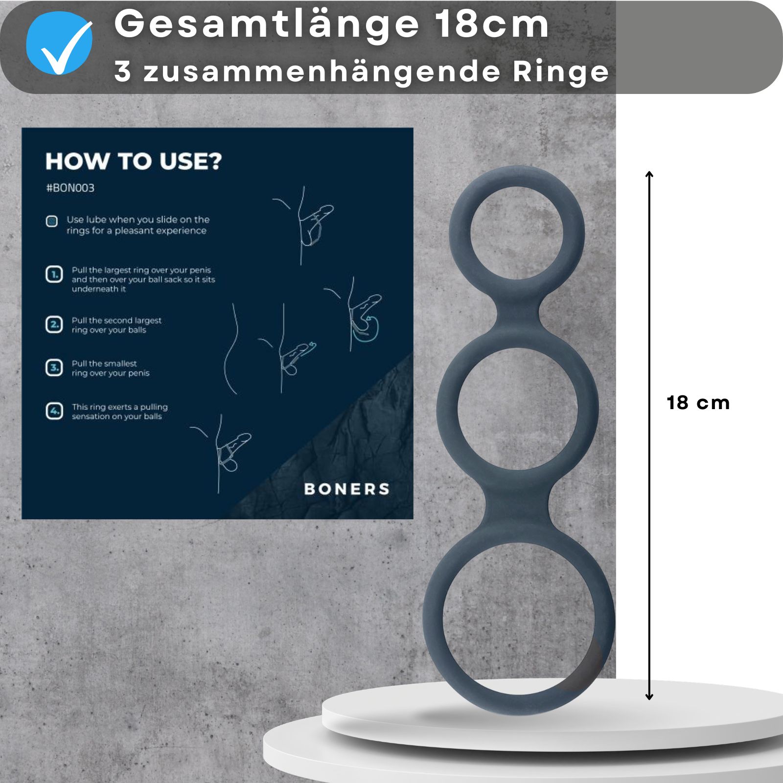 Blauer Penisring mit drei Ringen. Text: Gesamtlänge 18cm, 3 Ringe. Anleitung.