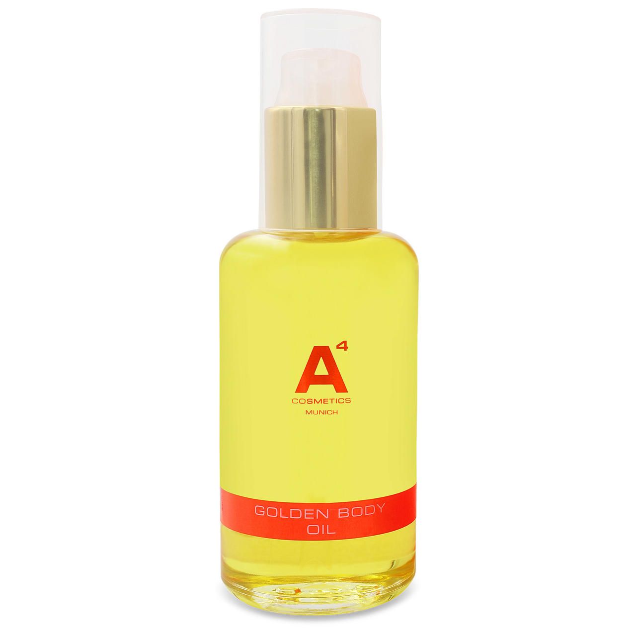 Goldfarbenes Körperöl in Glasflasche mit Spender. Rote und goldene Akzente. Aufschrift: Golden Body Oil, A4 Cosmetics.
