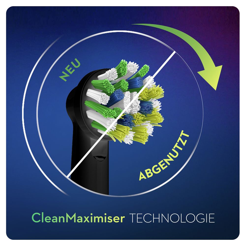Grafik zeigt eine Oral-B Cross Action CleanMaximizer Aufsteckbürste. Vergleich: neu vs. abgenutzt. Text: CleanMaximizer Technologie.