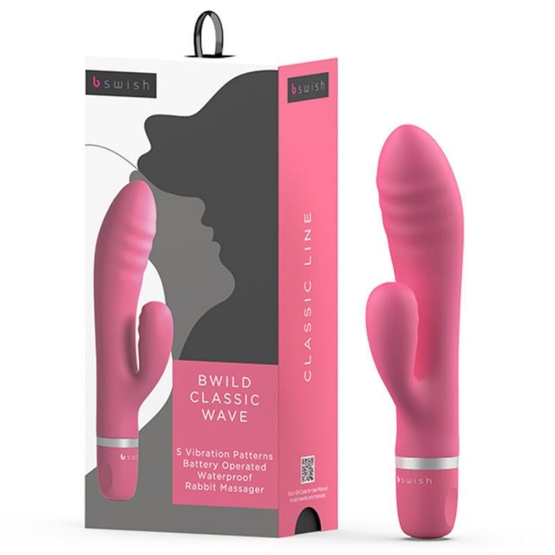Rosa Vibrator neben Verpackung. Verpackung mit Produktbild, Text: Bwild Classic Wave, 5 Vibrationsmuster, batteriebetrieben, wasserdicht.