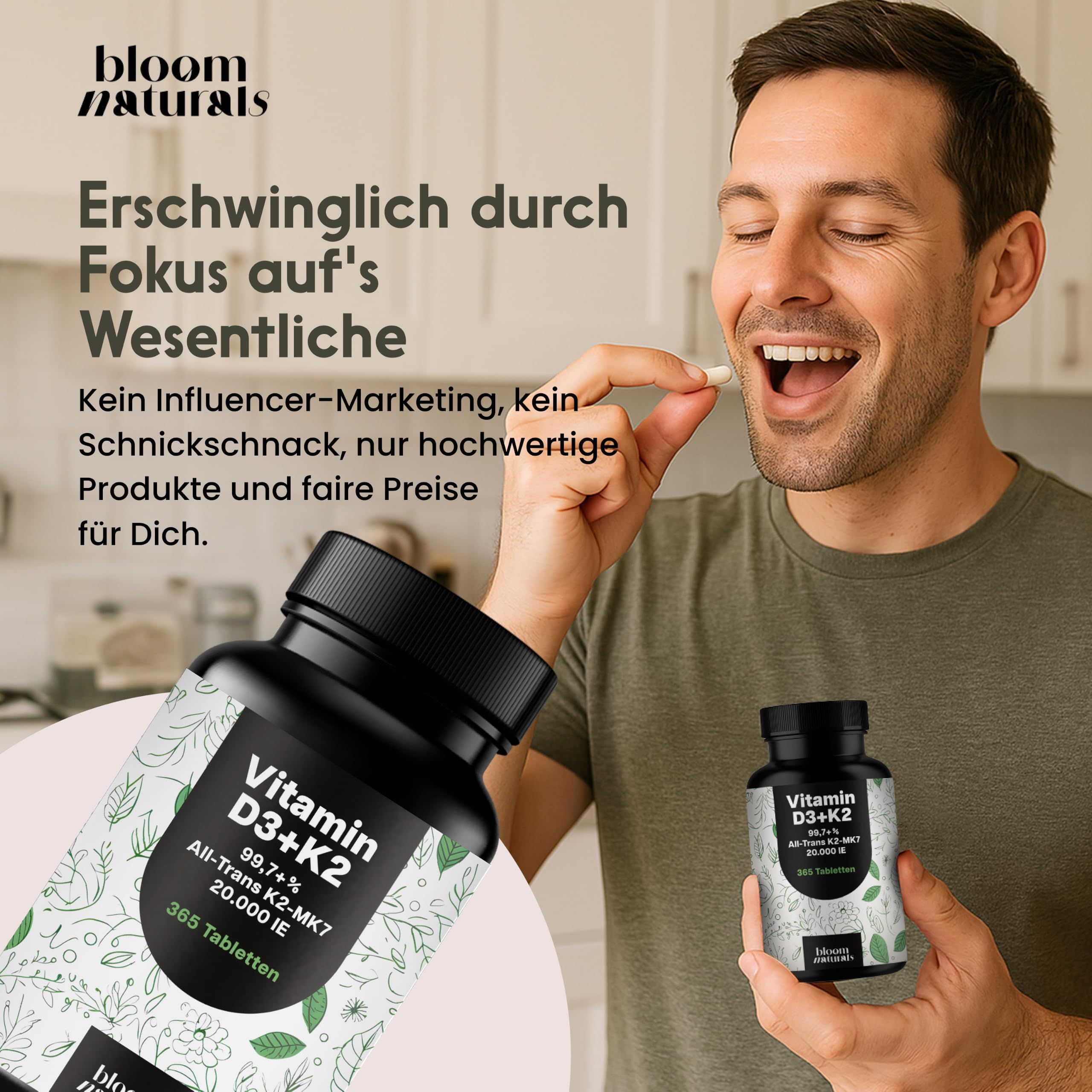 Mann nimmt eine Tablette ein, Flasche Vitamin D3+K2 von Bloom Naturals.