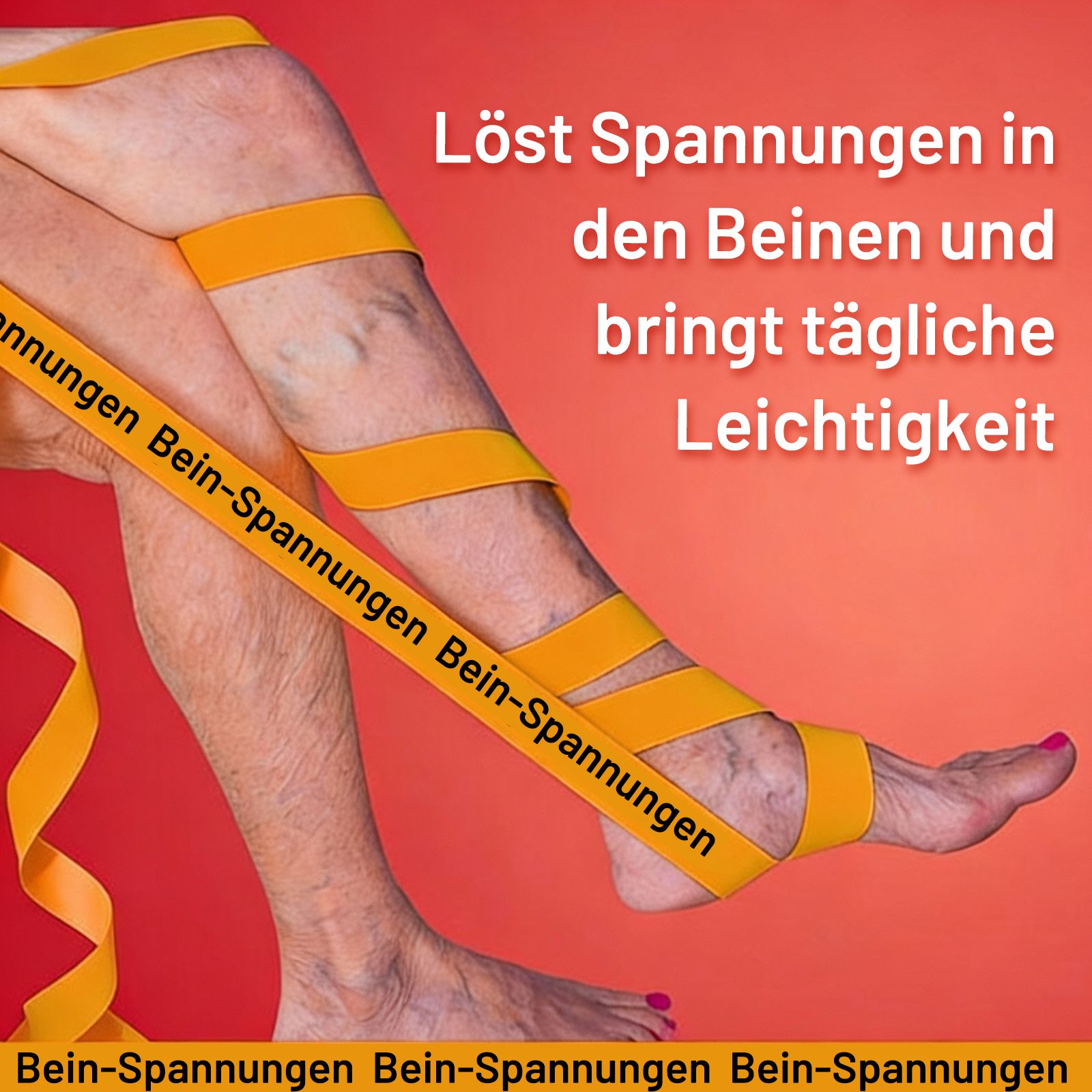Beine mit gelben Bändern umwickelt, die auf Spannungen hinweisen.