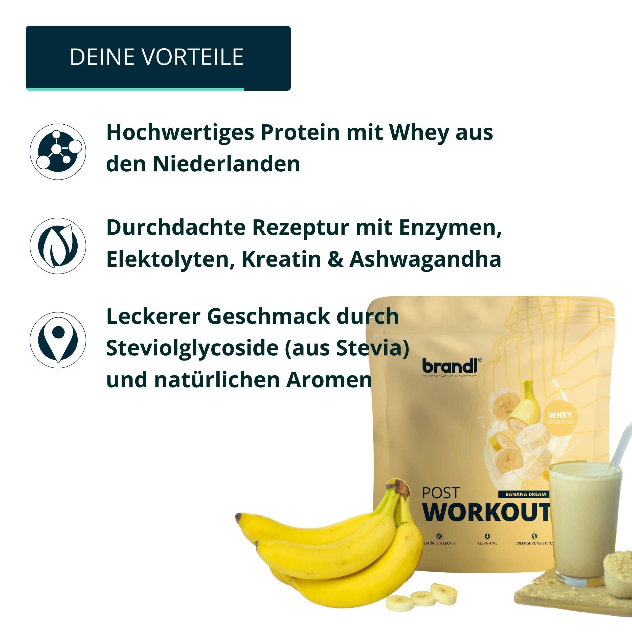 Beutel 'brandl' Protein-Pulver, Bananen und ein Glas Shake. Text: 'POST WORKOUT'. Vorteile: Protein, Enzyme, Geschmack.