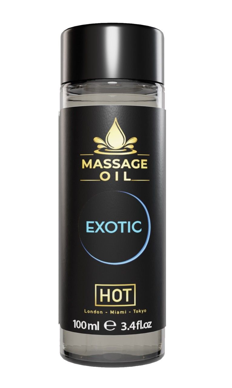 Zylindrische Flasche mit schwarzem Deckel. Etikett mit Produktnamen: MASSAGE OIL Exotic. Text: HOT, 100ml.