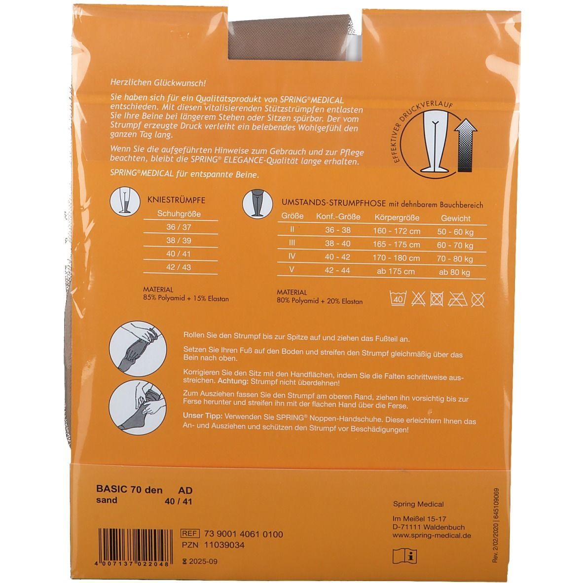 Verpackung mit Stützstrümpfen. Aufdrucke: BASIC 70 den, sand, Gr. 40/41. Herstellerinformationen und Größentabelle.
