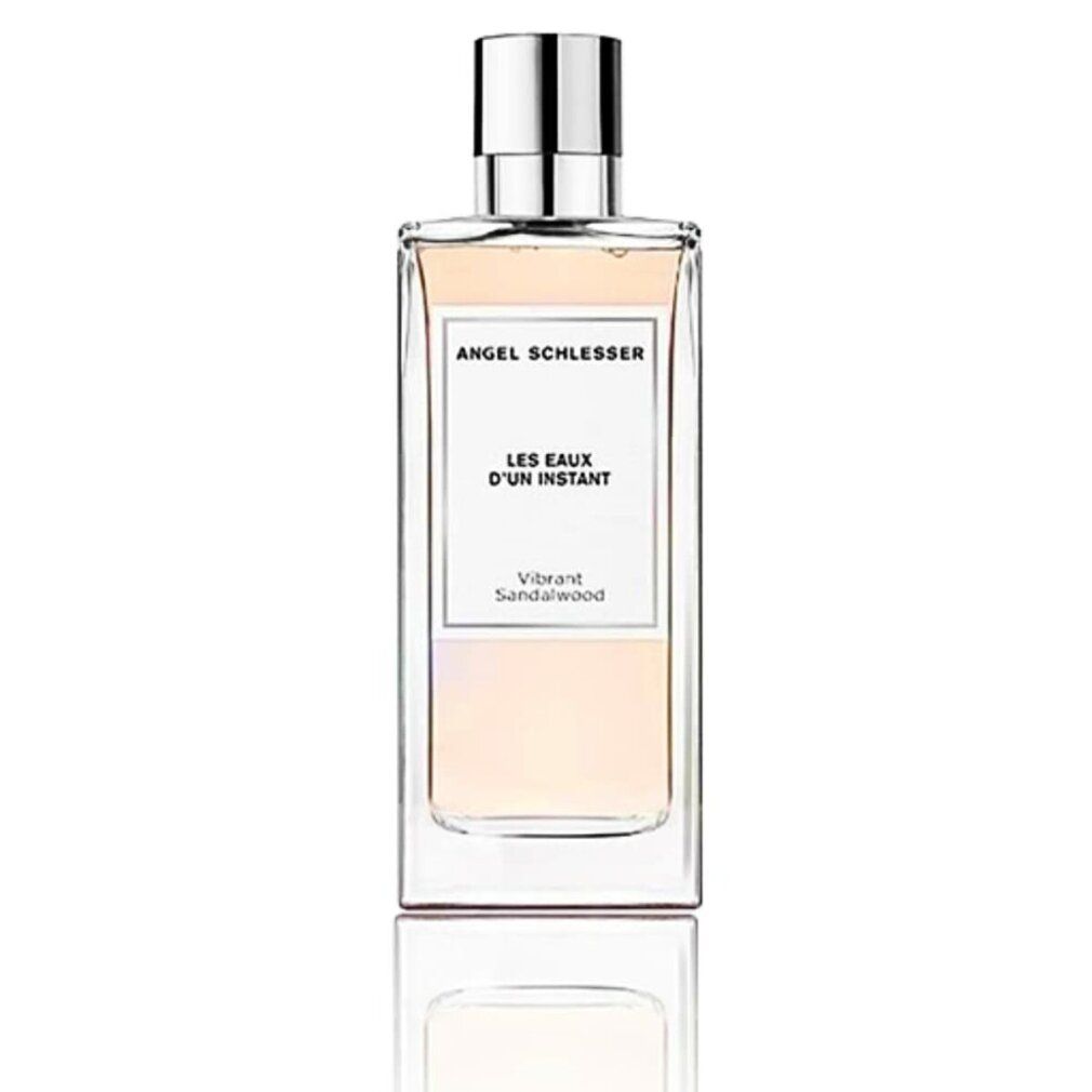 Flakon mit silbernem Verschluss. Auf dem Etikett steht Angel Schlesser Les Eaux d'Un Instant Vibrant Sandalwood.