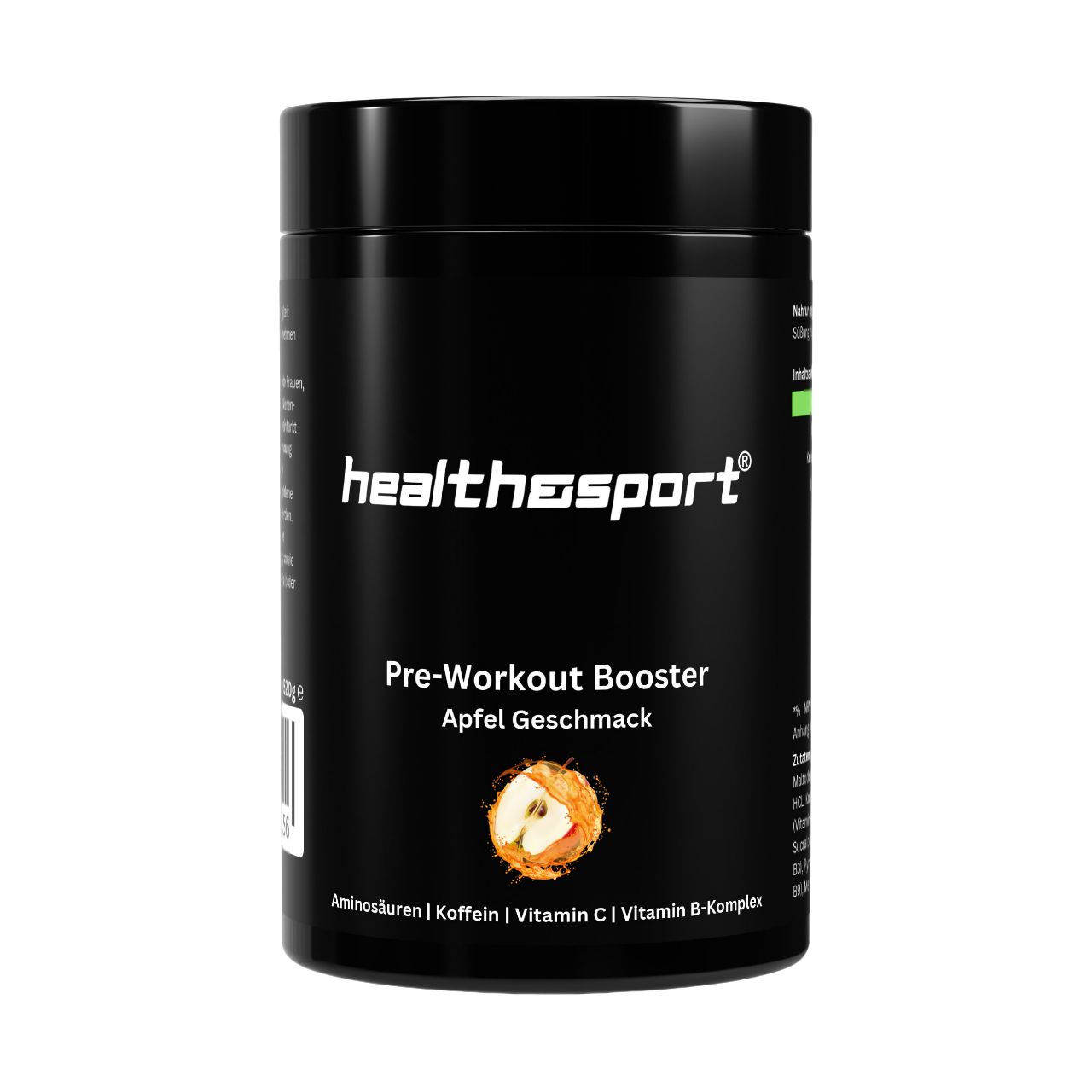Schwarze Dose mit weißem "healthosport"-Logo und Produktbezeichnung. "Pre-Workout Booster Apfel Geschmack" und Apfel-Grafik.