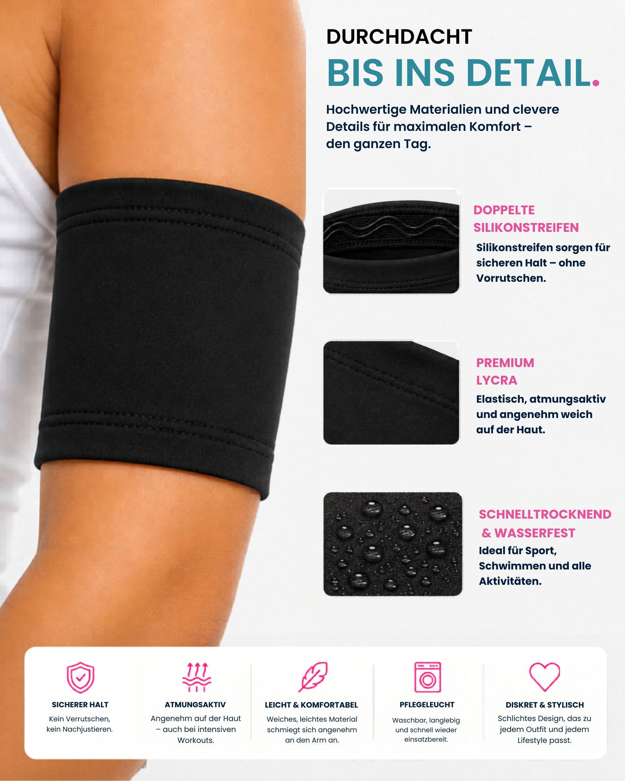 Nahaufnahme des Armloops. Schwarzes Lycra-Material. Doppelte Silikonstreifen. Text: Premium Lycra.