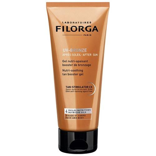 Filorga UV-Bronze After Sun. Braune Tube mit schwarzem Deckel. Text: UV-Bronze, Après Soleil, Tan Booster Gel.