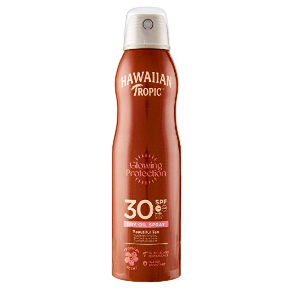 Braune Sprühflasche mit Hawaiian Tropic-Logo, SPF 30. Aufschrift Glowing Protection und Beautiful Tan.